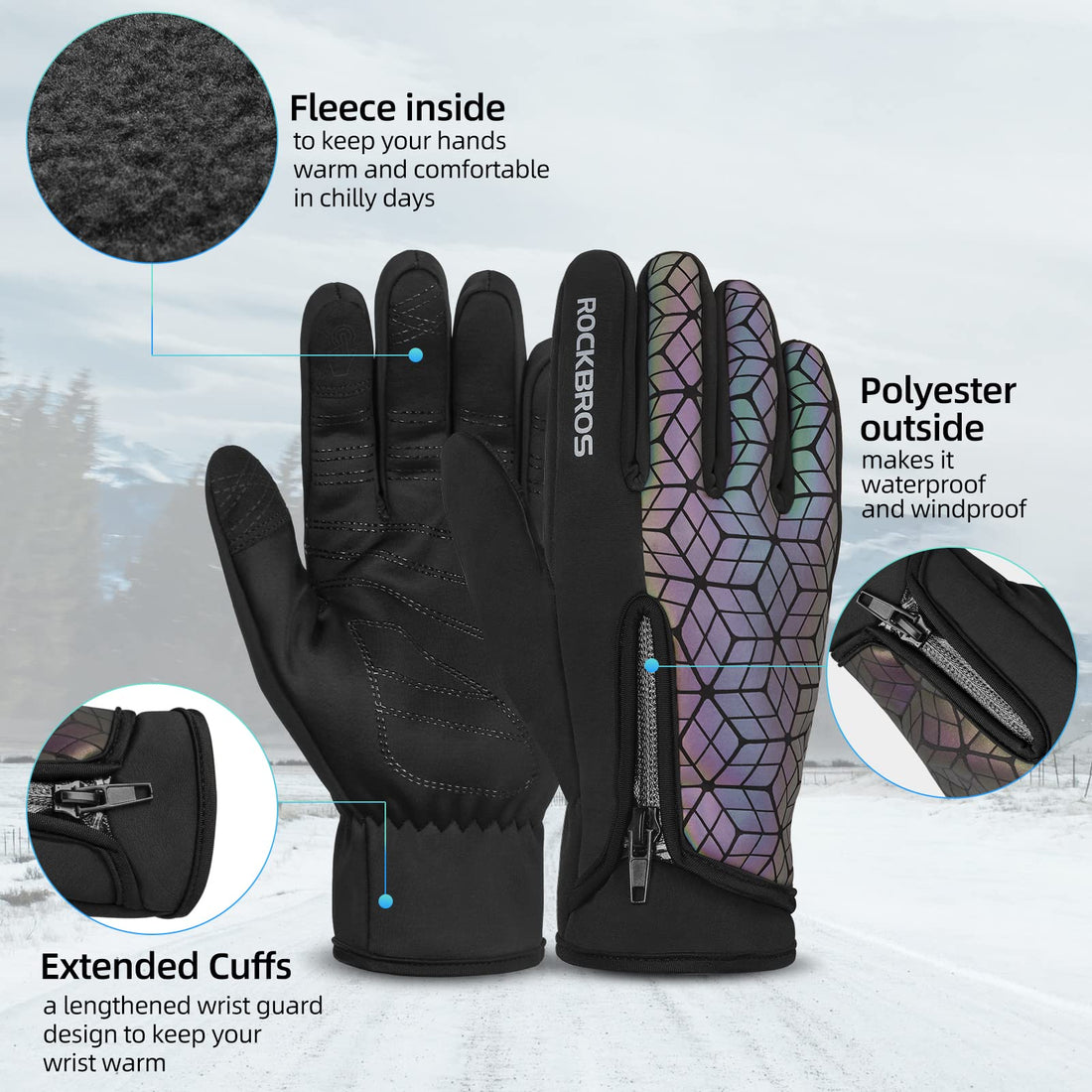 ROCKBROS Winter Cycling Gloves for Men & Women, Fleece Full Finger, Touch Screen Bike Gloves