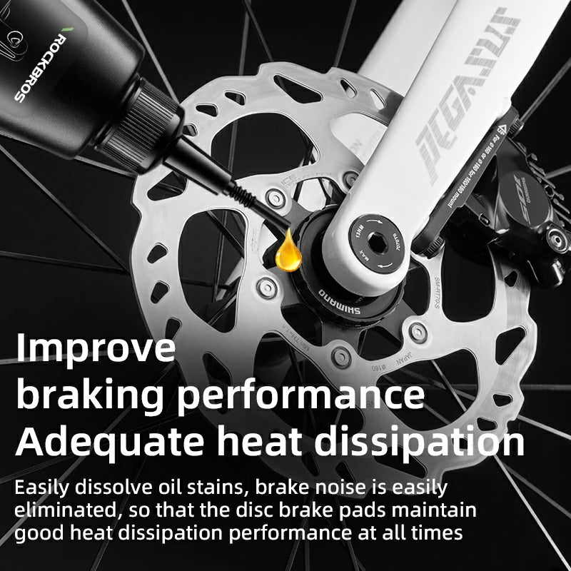 Bicycle disc brake system with a tool and text about improving braking performance.