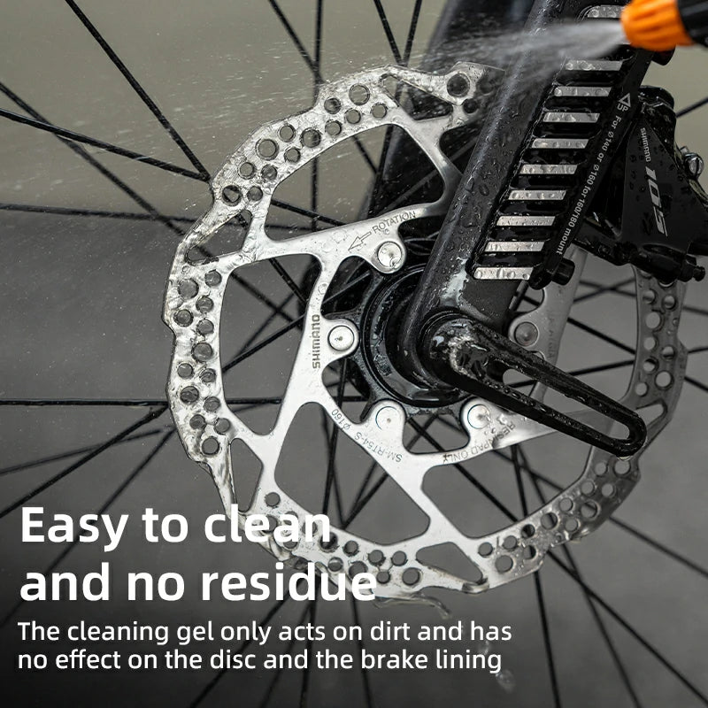 Bicycle disc brake being cleaned with a cleaning gel, emphasizing ease of cleaning and residue-free results.