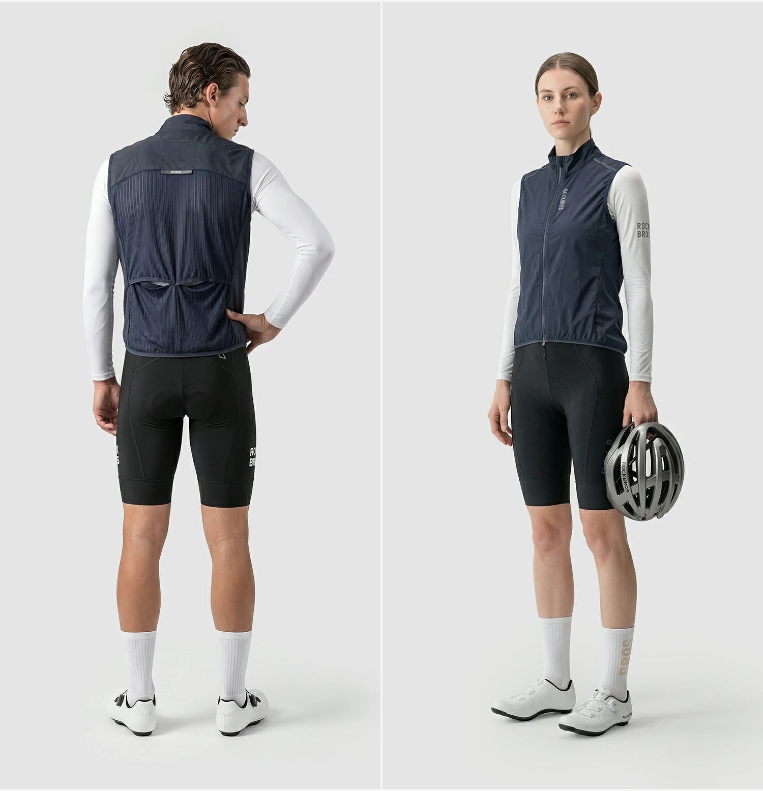 Person wearing a cycling outfit with a helmet on a white background