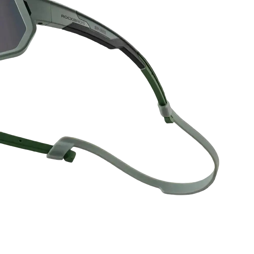 Close-up of a pair of sunglasses with a green frame on a white background