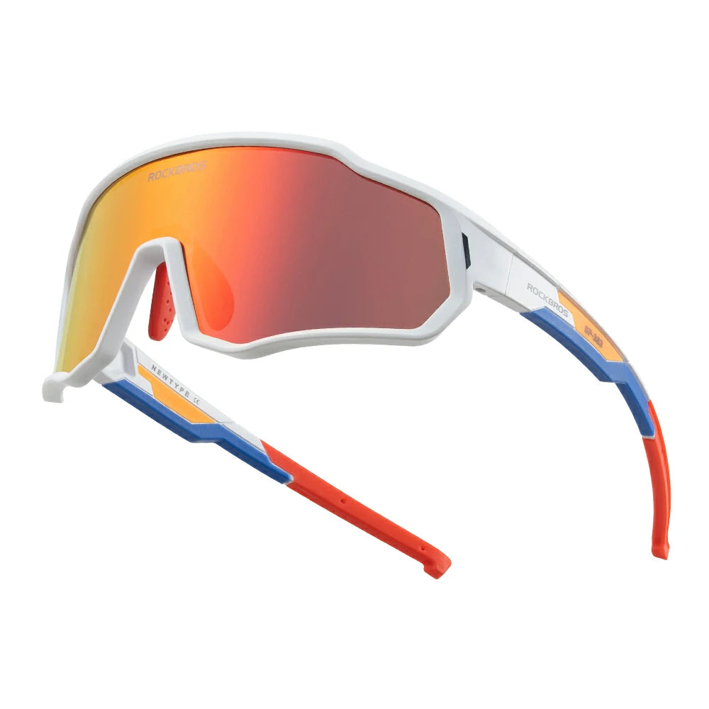 Sunglasses with multicolored frame and reflective lenses on a white background #color_White / Polarized Red