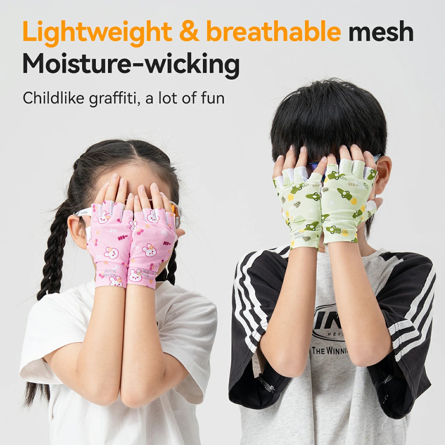 Two children wearing colorful fingerless gloves with text about mesh material and design.