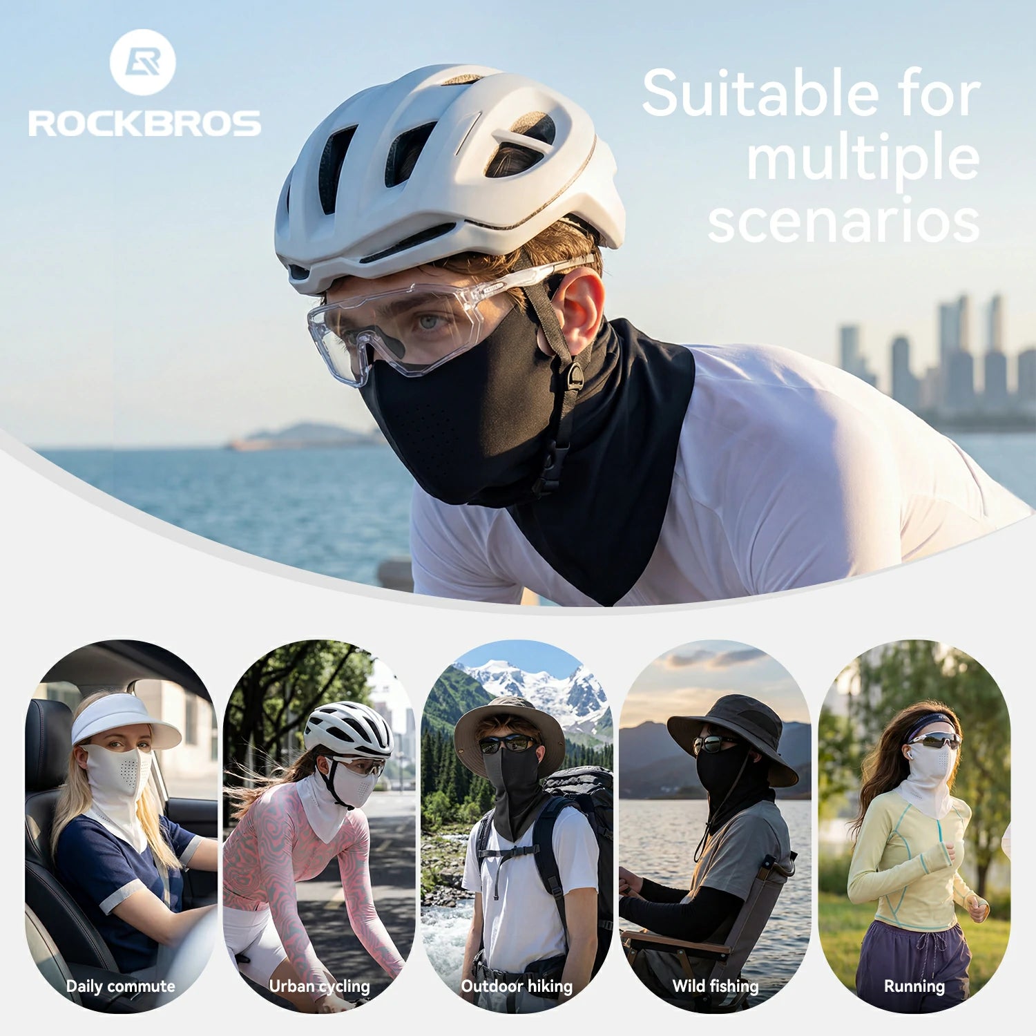Person wearing a helmet and face mask with various scenarios depicted below, featuring the RockBros brand.
