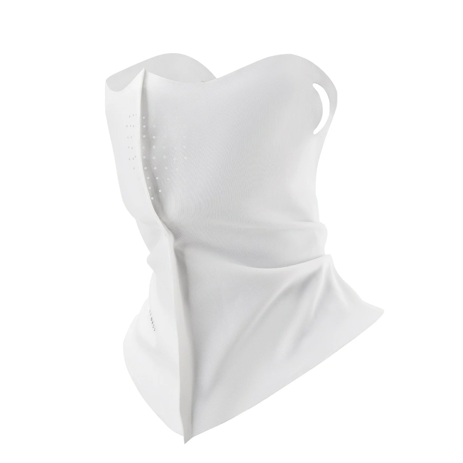 A white knit neck gaiter or face covering with a curved cutout on the side, displayed on a clean white background. #Color_White