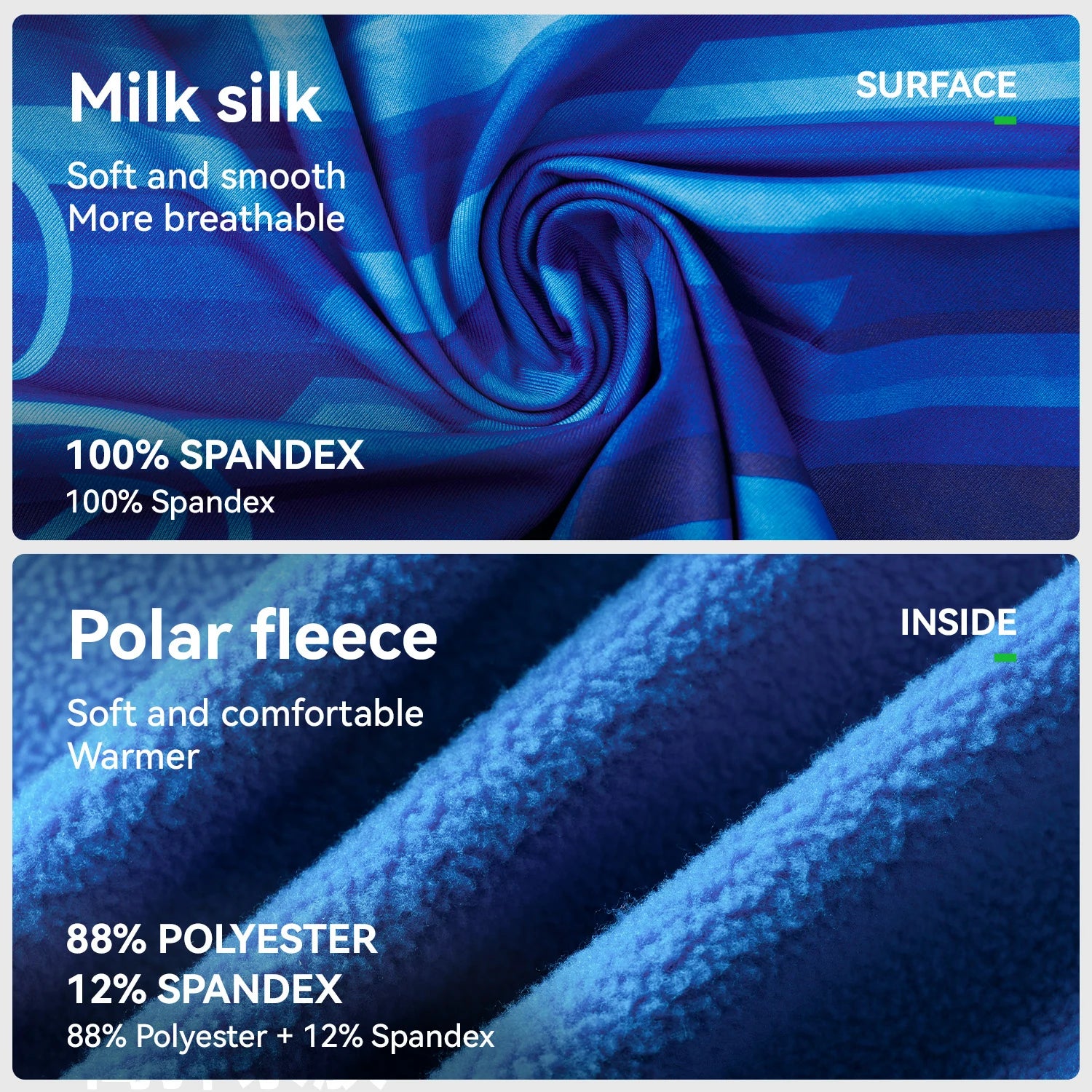 Comparison of milk silk and polar fleece fabrics with text describing properties. 