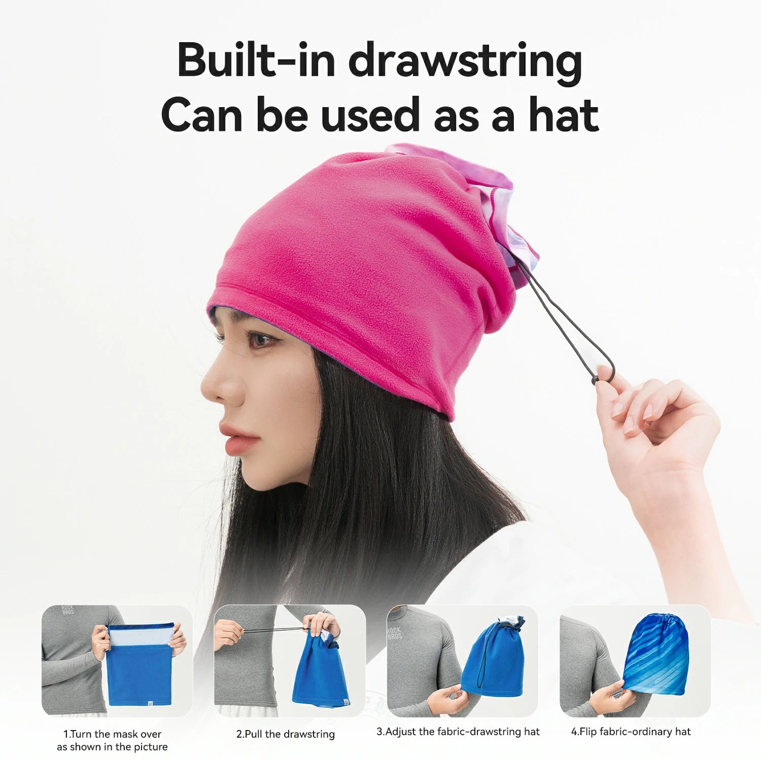Pink fabric head covering with drawstring, used as a hat, on a white background.
