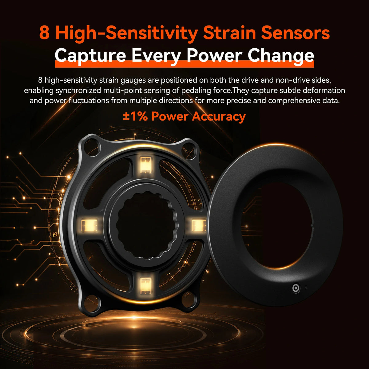 A black circular mechanical component with a central gear-like opening and four small illuminated square sensors, shown alongside a matching black ring on a dark promotional background with glowing orange light effects and marketing text about strain sensors and power accuracy.