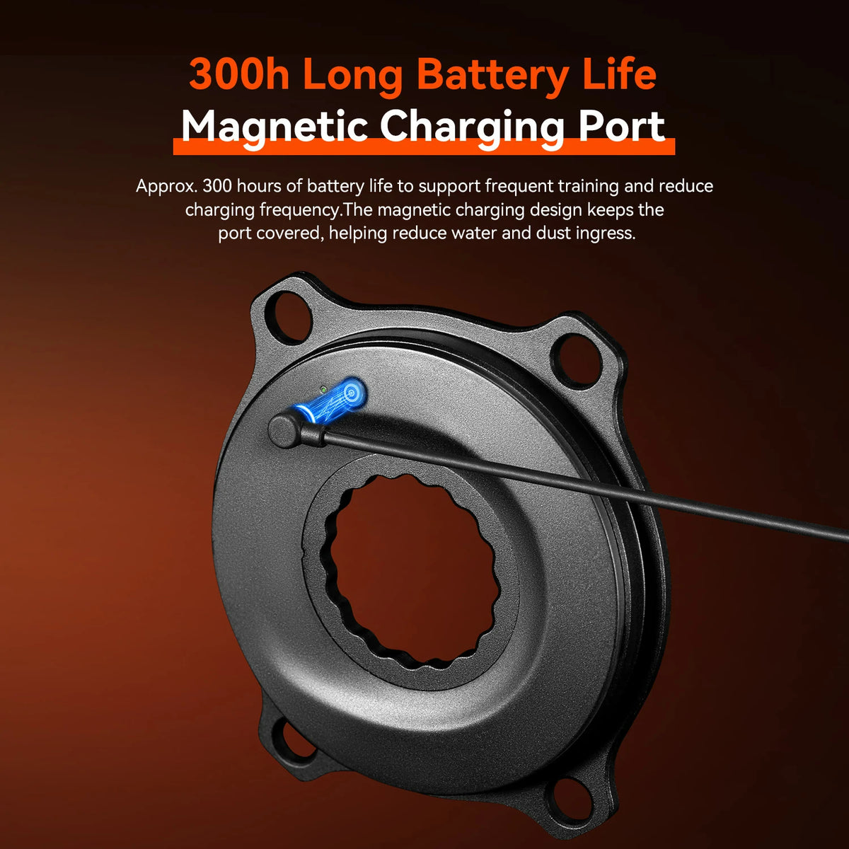 A dark metallic magnetic charging port cover with a blue sliding switch and a charging cable, shown on a dark brown gradient background with promotional text about 300h battery life.