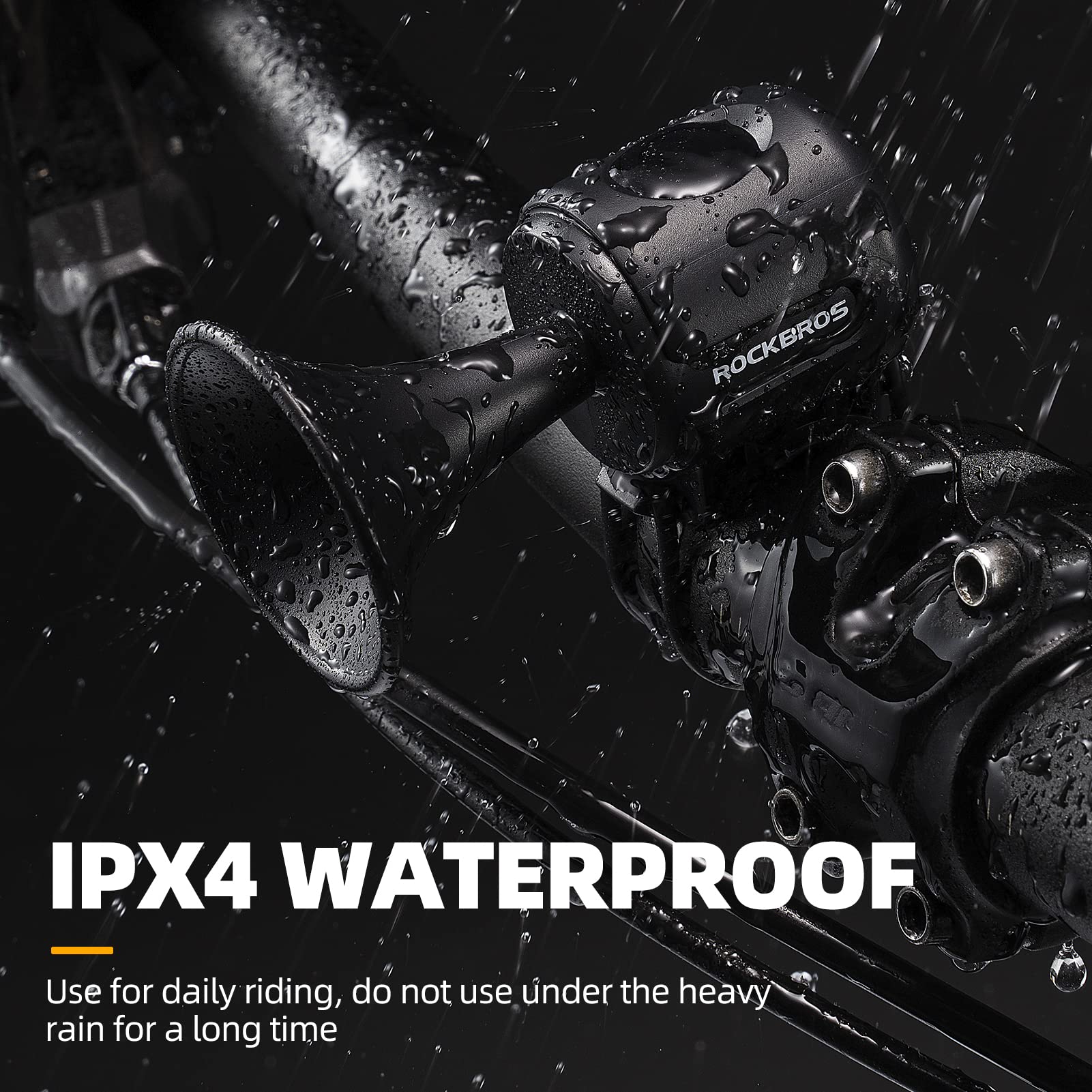 Bicycle handlebar with water droplets and 'RockBros' branding, featuring IPX4 waterproof text.
