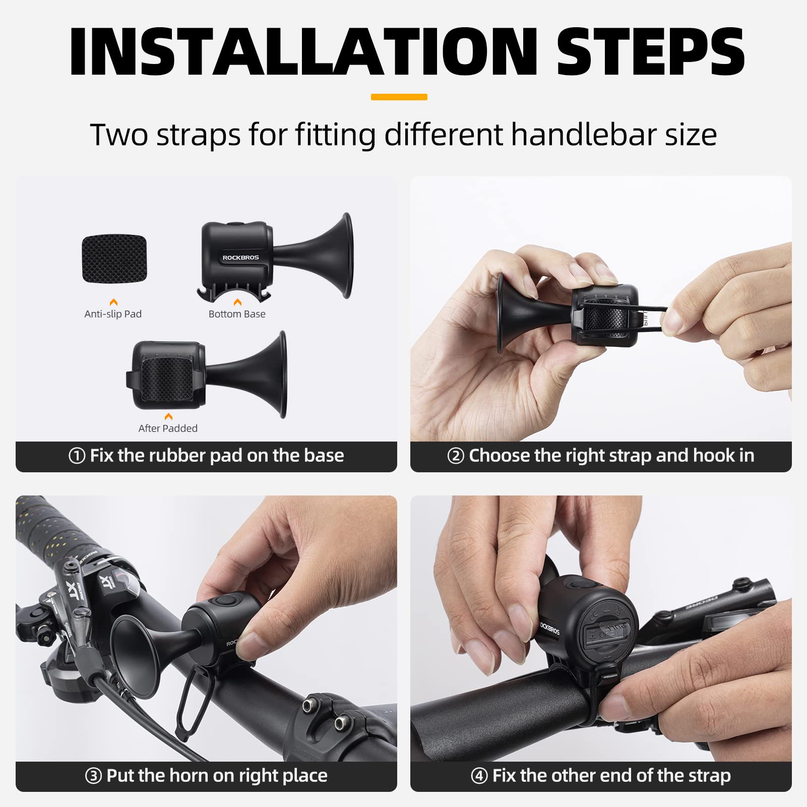 Step-by-step installation guide for a bike horn with straps on a white background