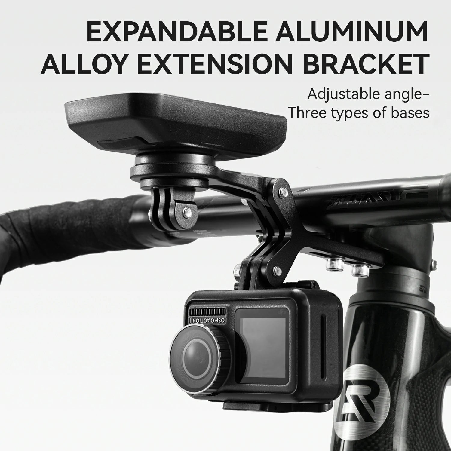 Expandable aluminum alloy extension bracket on a bike handlebar with camera attachment.