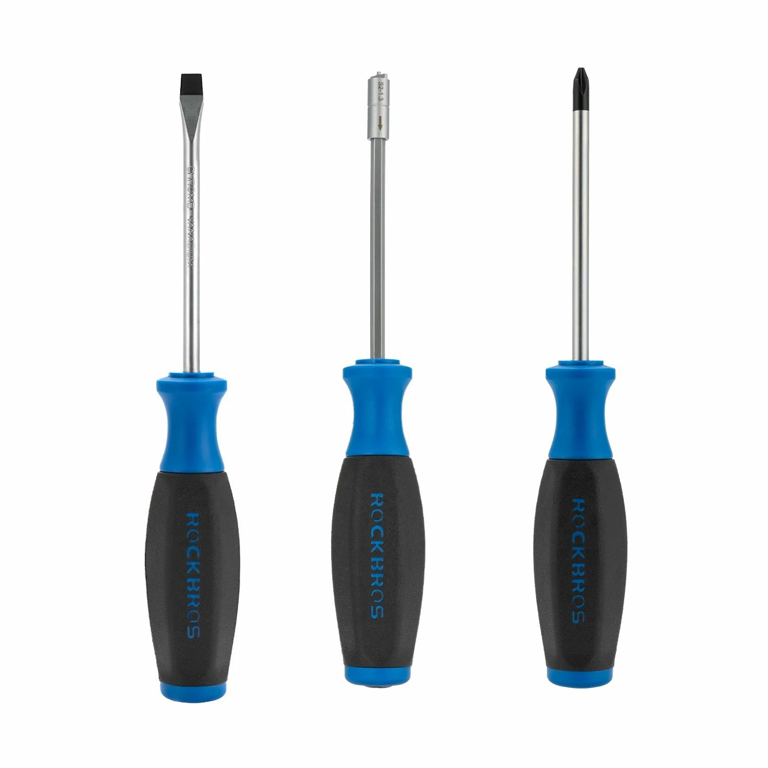 Three Rockbros screwdrivers with blue and black textured handles, displayed side-by-side on a solid white background. #Size_Screwdrivers + Spoke Wrench