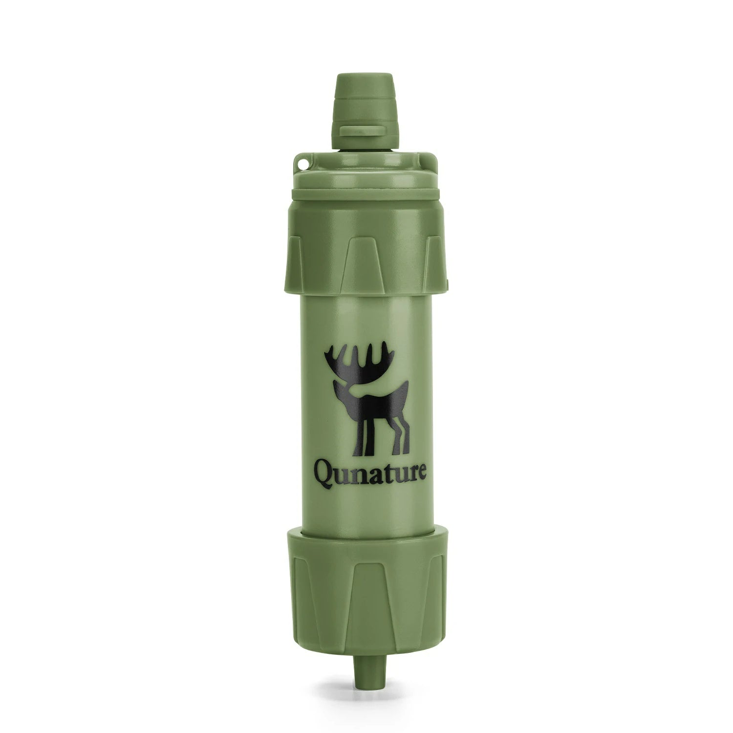 An olive green water filter cylinder with a black deer logo and the brand name 'Qunature' printed on the front, set against a plain white background. #Color_Green
