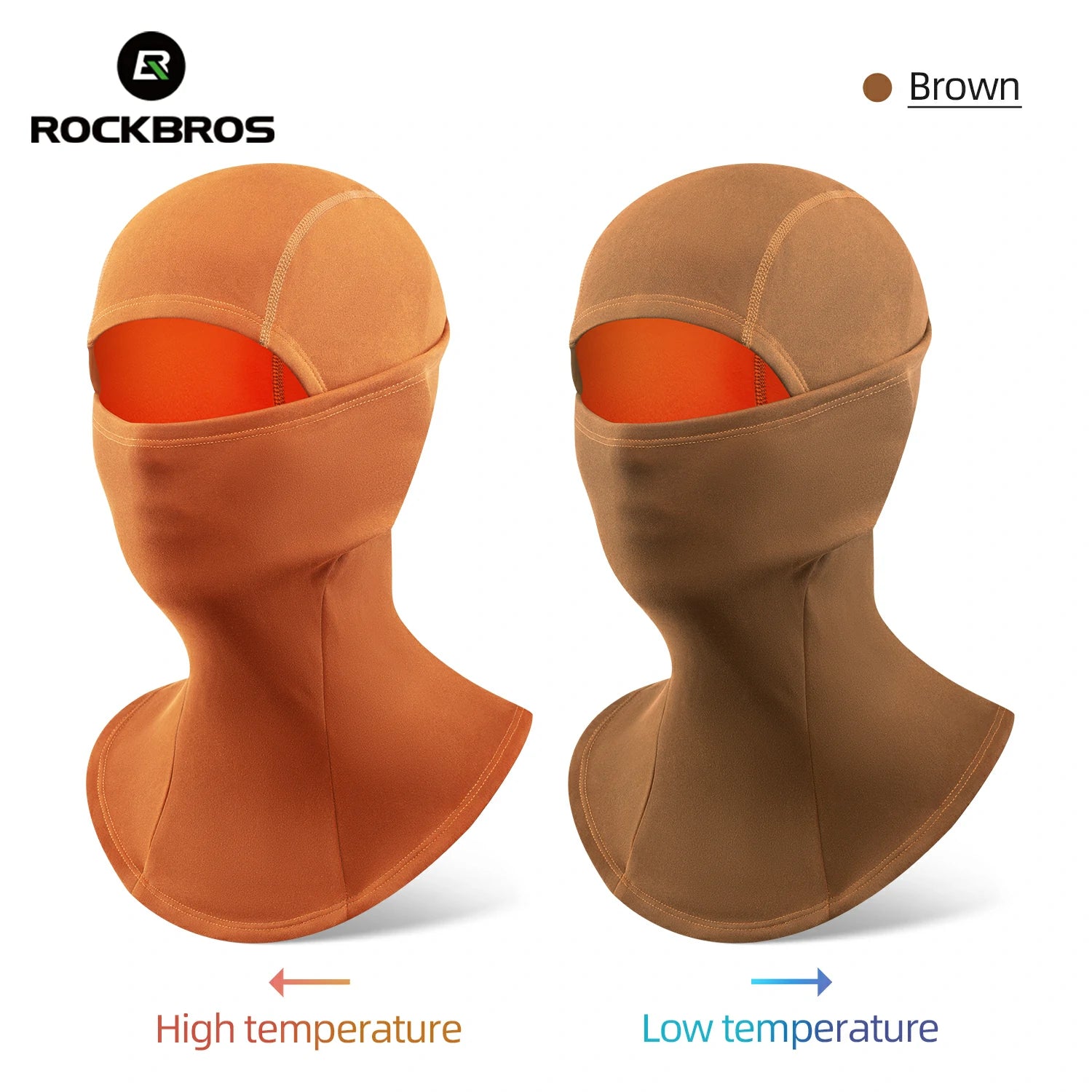 Brown balaclava with high and low temperature indicators on a white background, featuring the RockBros brand.#color_Brown