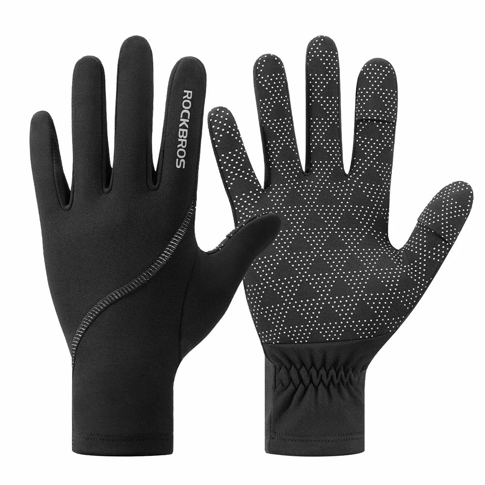 A pair of black RockBros winter gloves, one showing the back of the hand with a white ROCKBROS logo and the other showing the palm with white grip dots, on a solid white background.