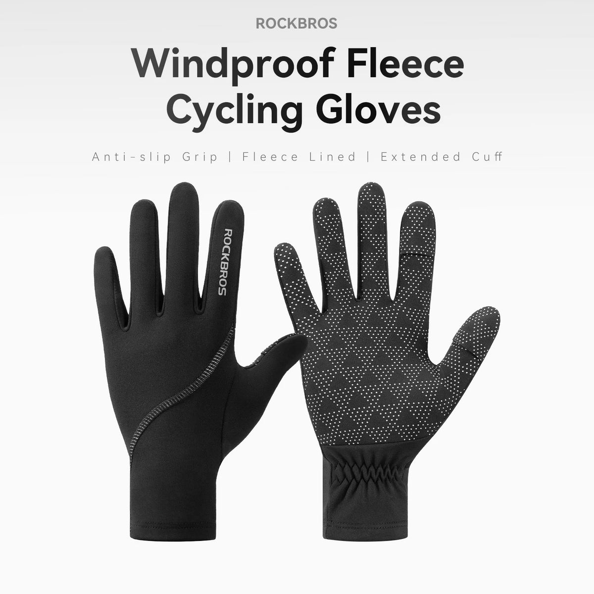 A pair of black Rockbros windproof fleece cycling gloves shown against a light gray background with product text above. One glove is oriented palm-up to show the black fleece back, and the other is palm-down to show the textured grip dots on the fingers and palm.
