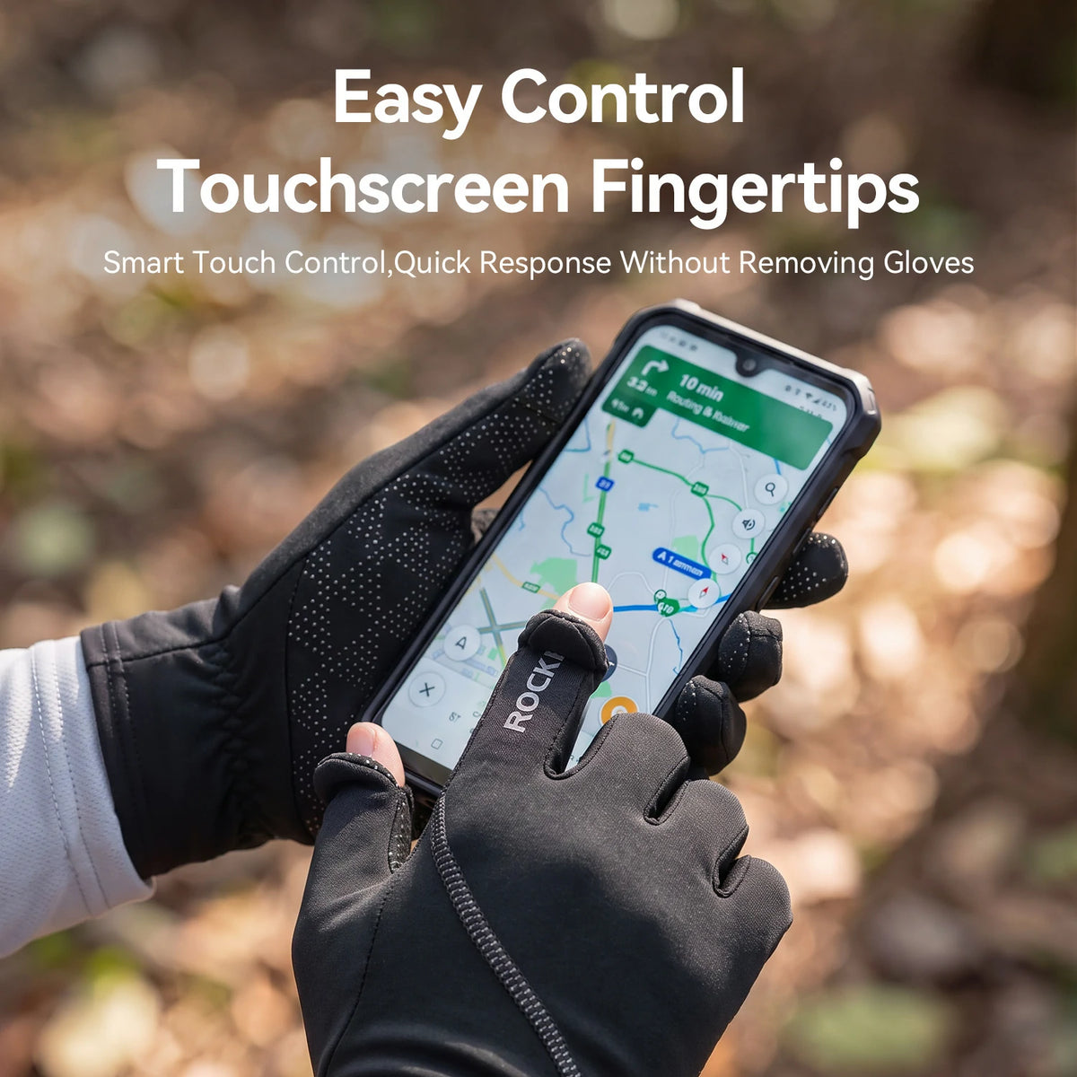 Black touchscreen-compatible gloves with a textured grip, shown being worn on two hands holding a smartphone in a forest setting. White text at the top reads 'Easy Control Touchscreen Fingertips'.