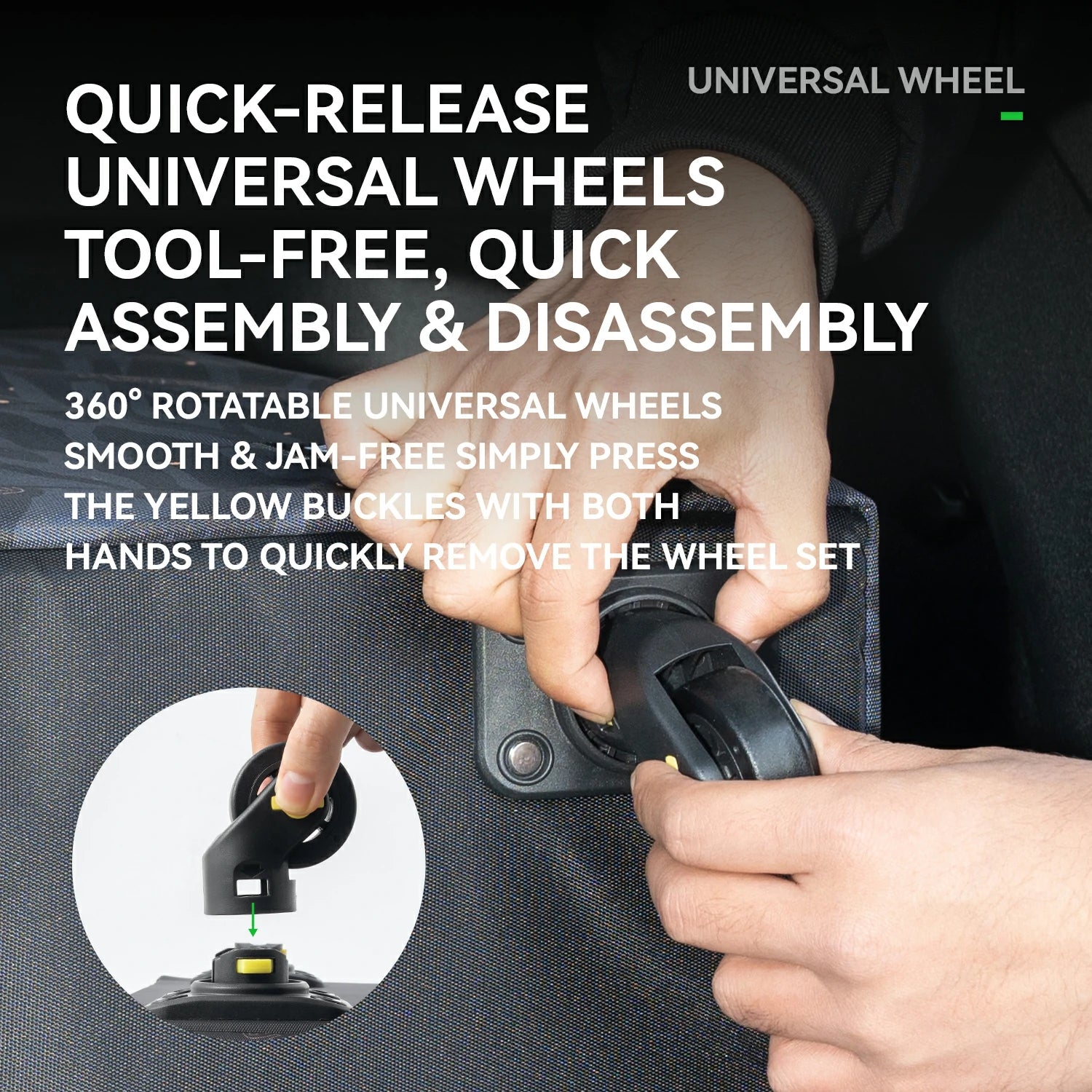 Quick-release universal wheels with hands demonstrating assembly and disassembly.