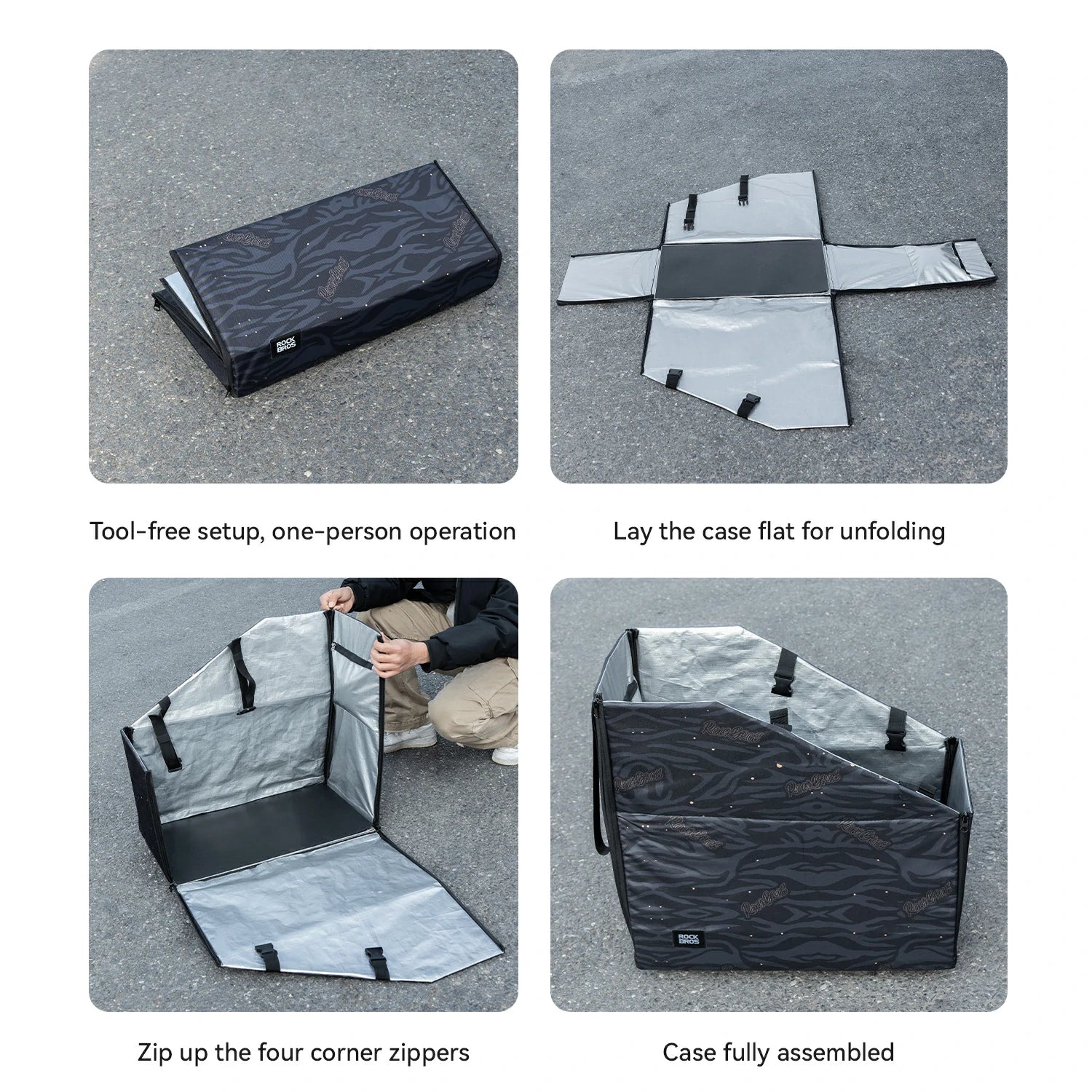 Step-by-step guide on how to set up a folding case with text instructions.