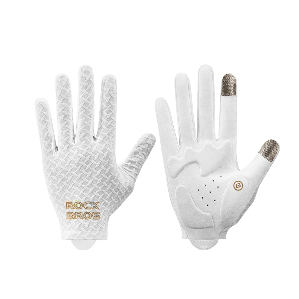 A pair of white RockBros golf gloves shown flat against a white background, displaying both the textured back of one glove and the smooth palm of the other with a touch screen index finger.