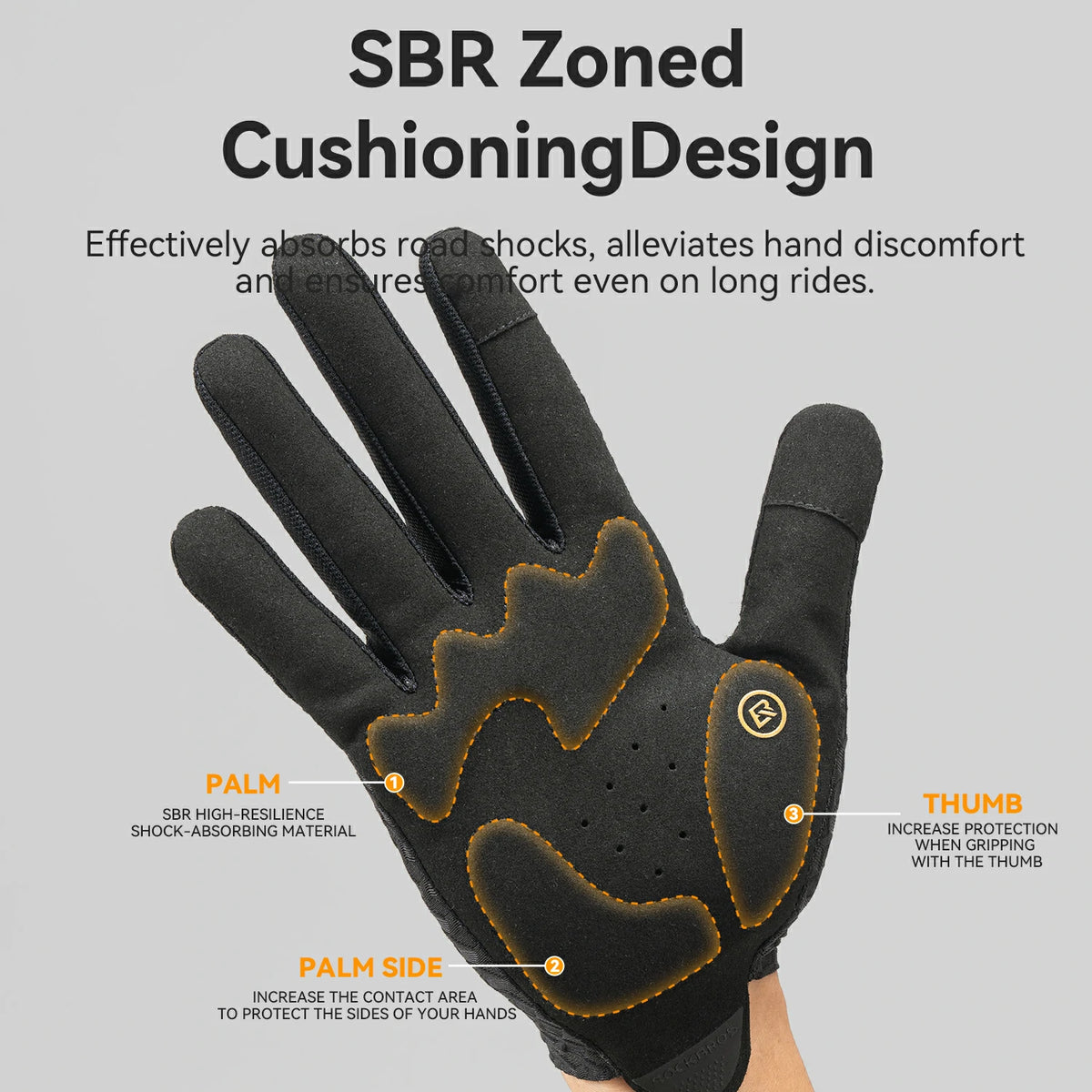 A black cycling glove shown on a hand with callout labels explaining SBR zoned cushioning design, including palm, palm side, and thumb areas, on a light gray background.