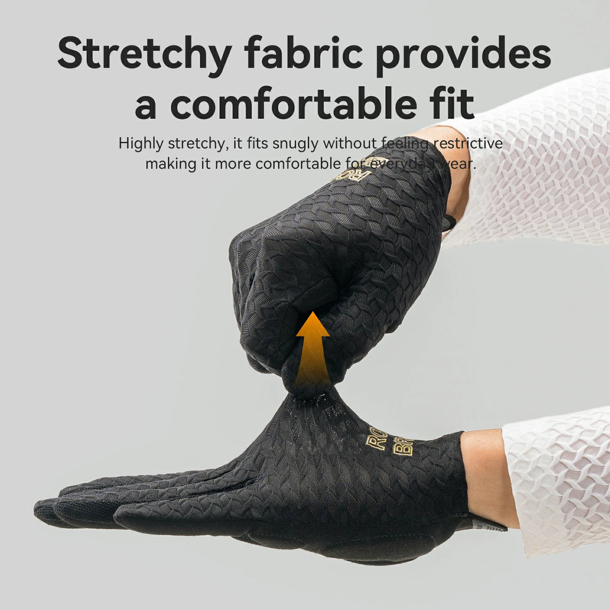 Black textured knit gloves being stretched by hands to demonstrate elasticity, with promotional text at the top reading 'Stretchy fabric provides a comfortable fit' on a light gray background.