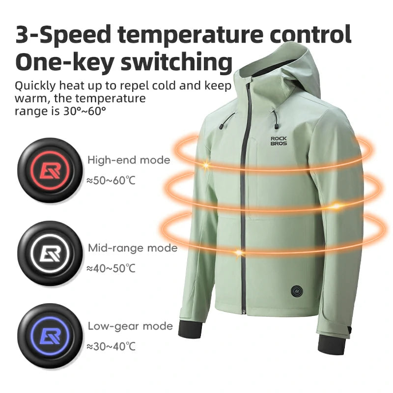 Heated jacket with temperature control buttons on a white background