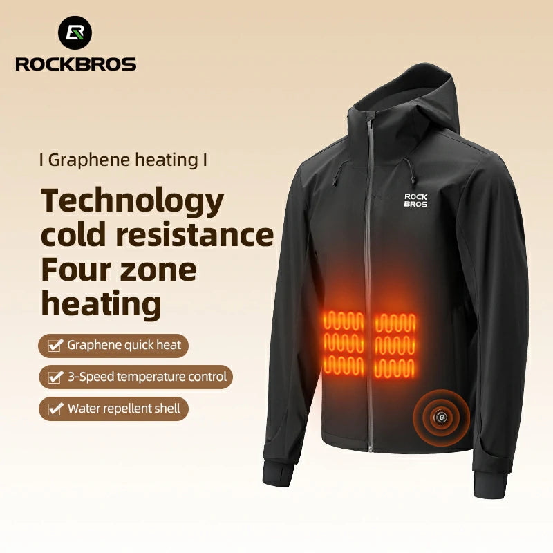 Black heated jacket with heating zones displayed, featuring RockBros branding.