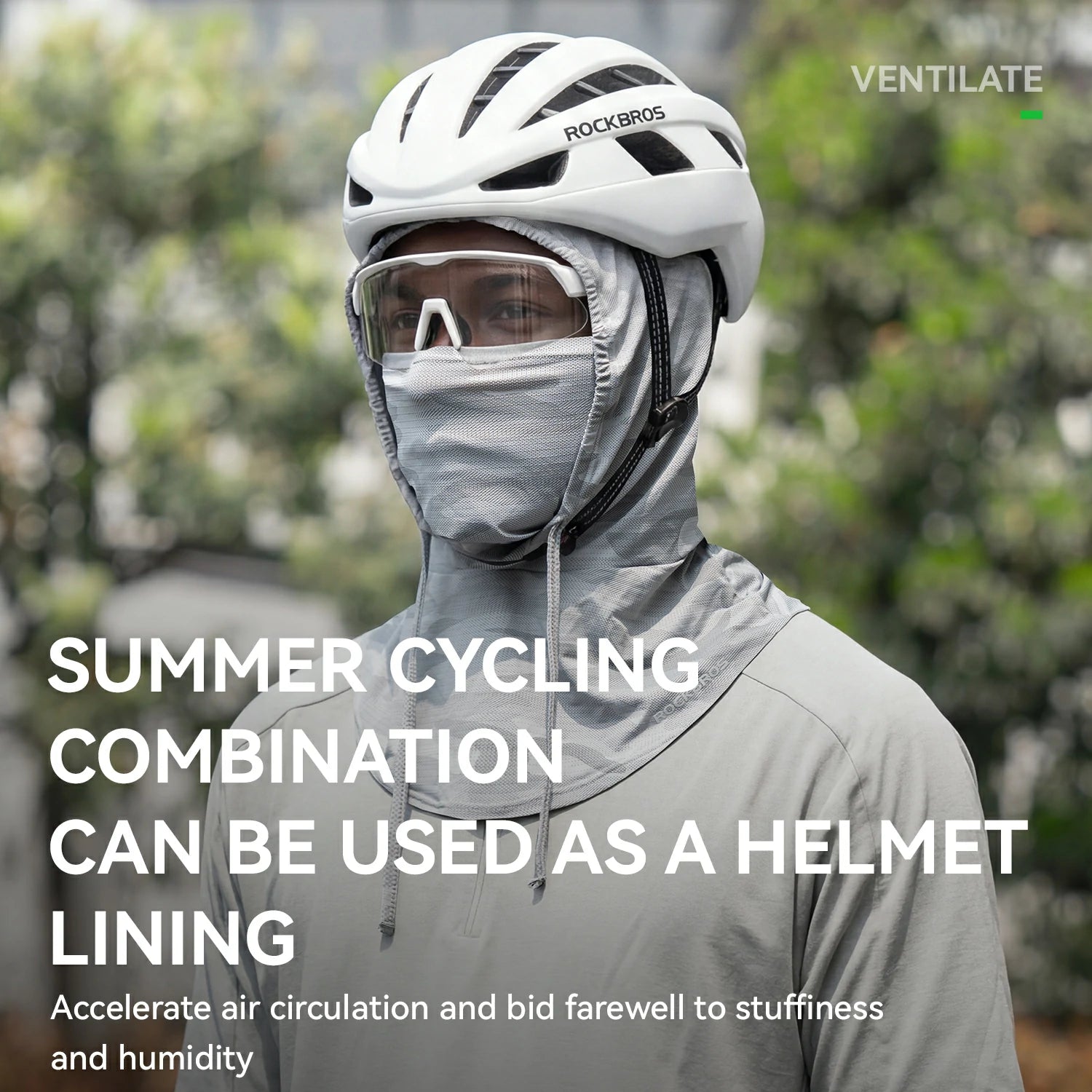 Person wearing a helmet with a face mask, text about summer cycling combination, and brand 'Rockbros' visible.