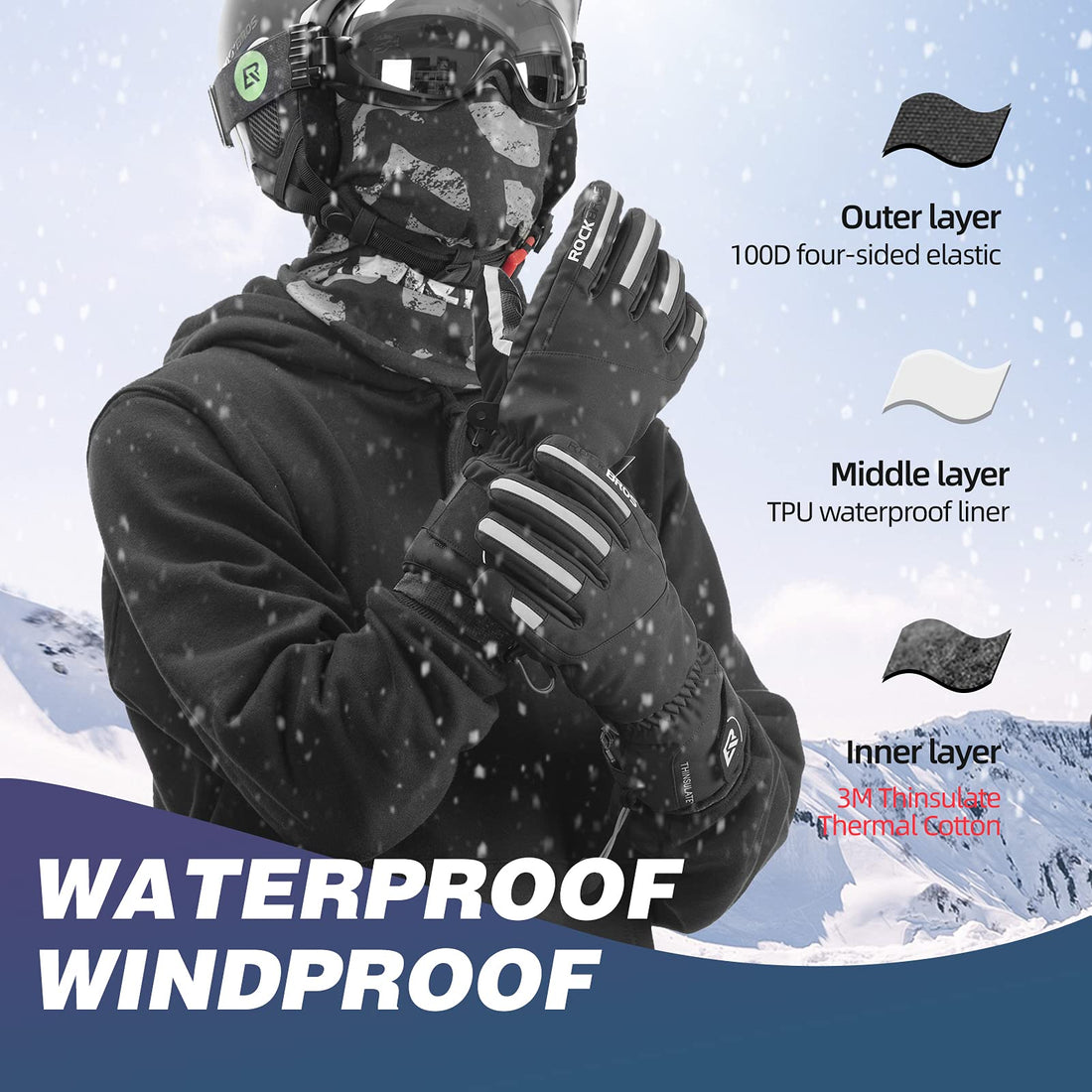 ROCKBROS Winter Ski Gloves Waterproof 3M Thinsulate Touch Screen Thermal Gloves for Men  Women