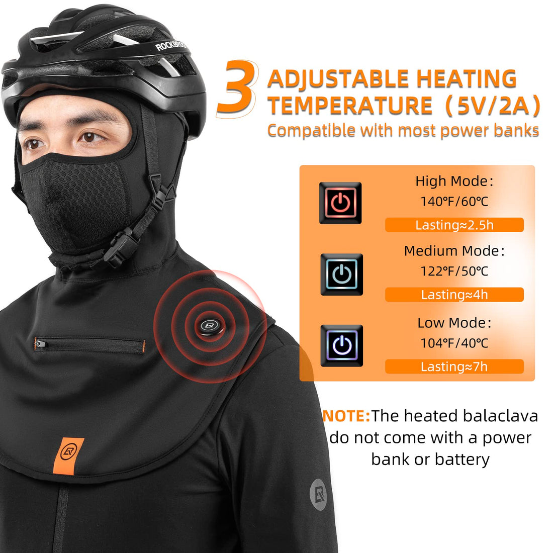 ROCKBROS Heated Ski Cold Weather Balaclava Face Mask USB Rechargeable Winter No Battery