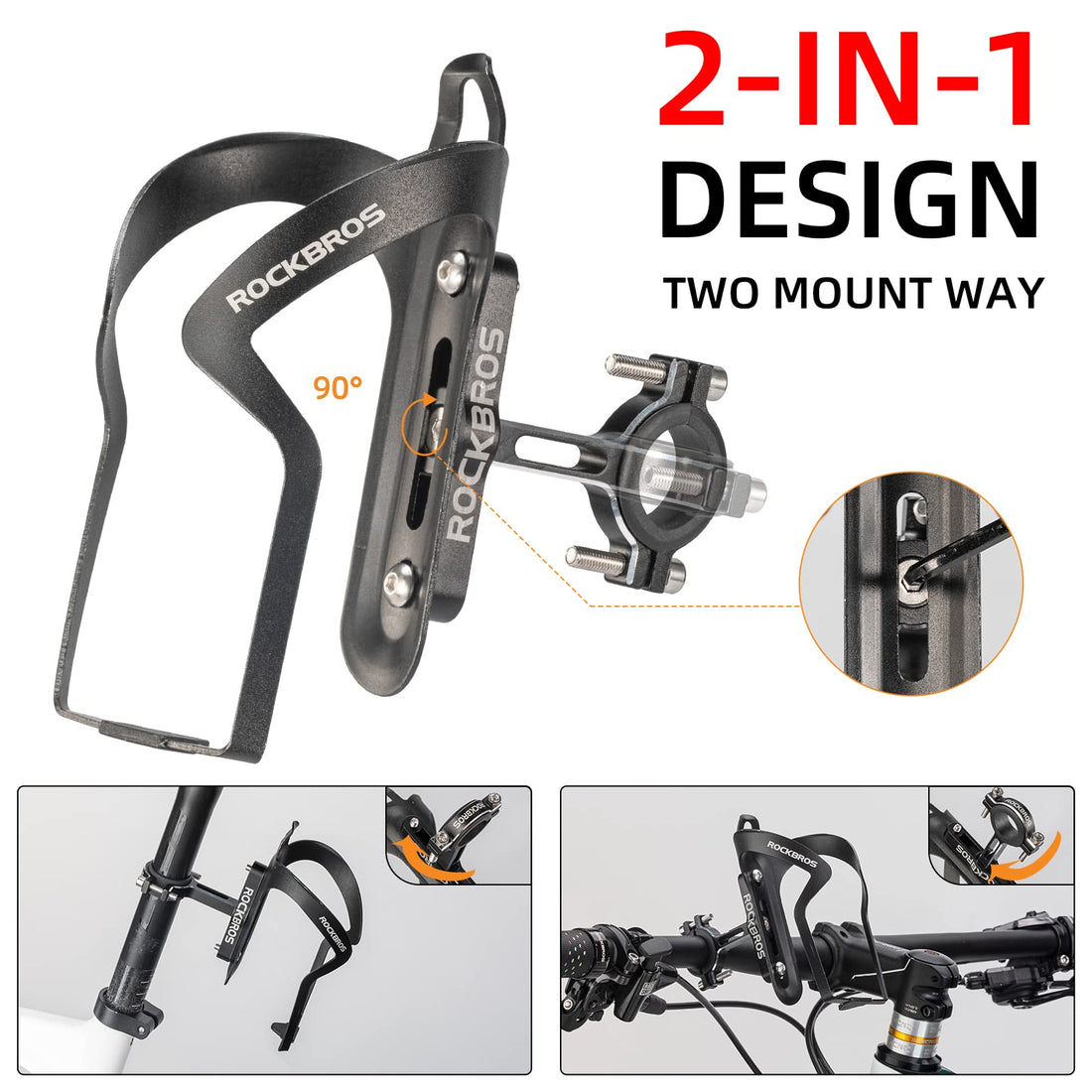 ROCKBROS 2-in-1 Bike Cup Holder Adjustable Bottle Cage for Handlebars & Seat Post