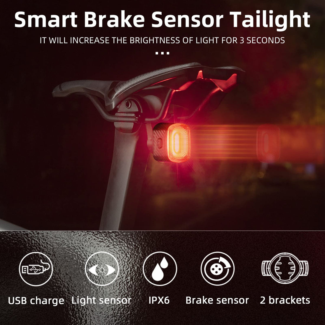 ROCKBROS R2 Smart Brake Sensing Bike Tail Light, USB Rechargeable, IPX6, 4 Modes