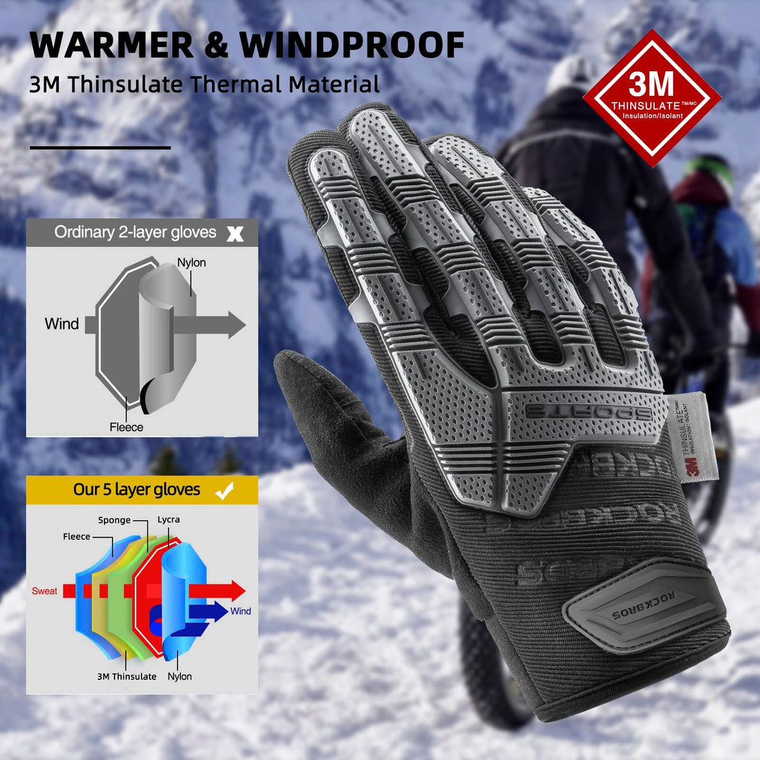 ROCKBROS Winter Touchscreen Motorcycle Gloves with Palm Padding & Knuckle Protection