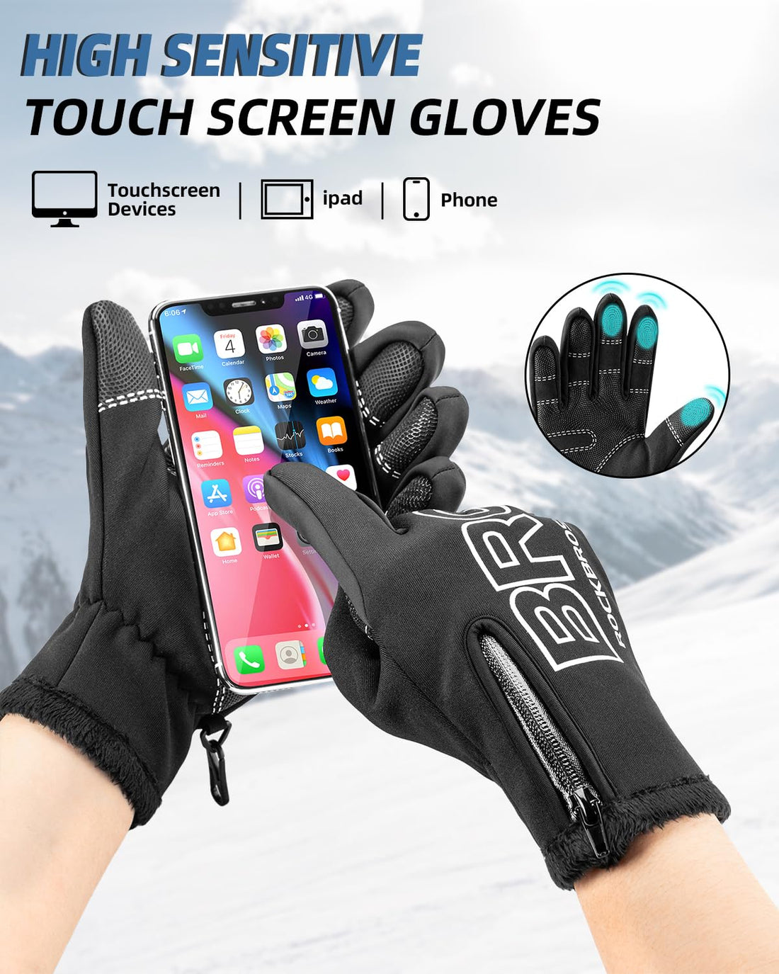 ROCKBROS Winter Cycling Gloves, Water-Resistant, Touch Screen, Anti-Slip Full Finger Gloves