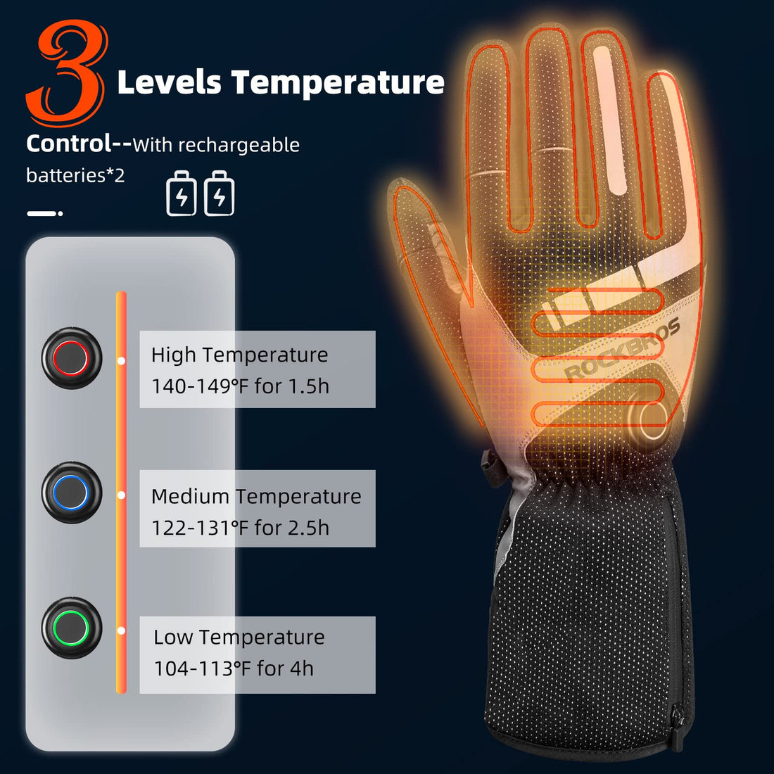 ROCKBROS Rechargeable Heated Gloves 4000mAh Touchscreen Windproof Thermal