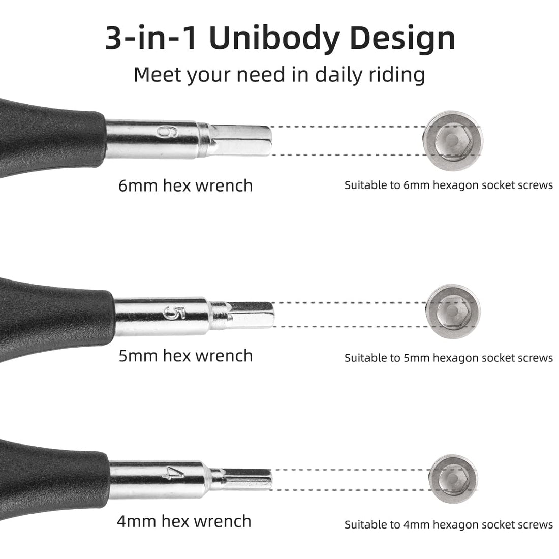 ROCKBROS 3-in-1 Allen Hex Wrench Set, 4/5/6mm Sizes, Black Silver, Steel and PVC