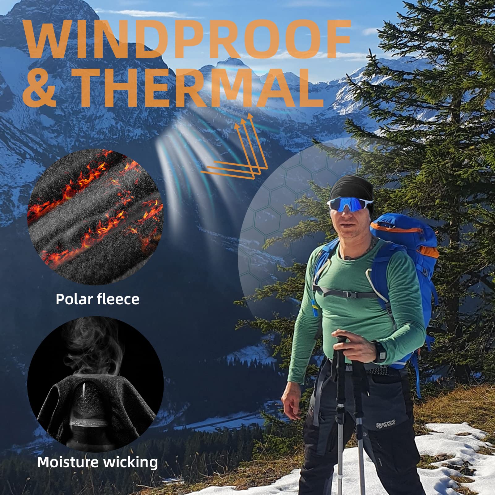 ROCKBROS Skull Cap Men's Winter Cycling Cap Windproof Warm Fleece Thermal Hat Helmet Liner Caps Black for Hiking Skiing Riding