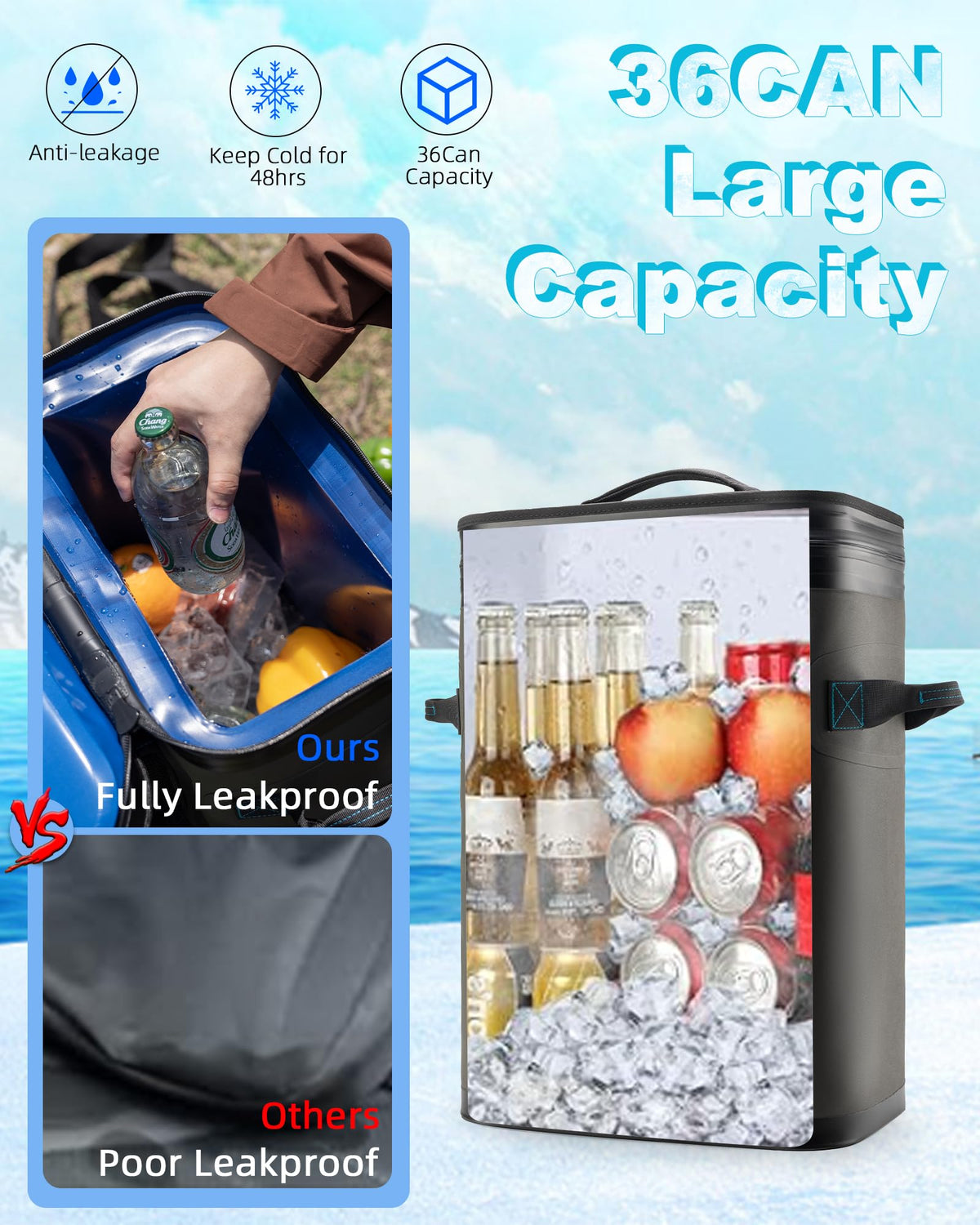 Large Insulated Backpack Cooler 36 Can Capacity Leakproof Waterproof Travel Cooler Backpack 36 Can, Leakproof Insulated Cooler Backpack  main image 3