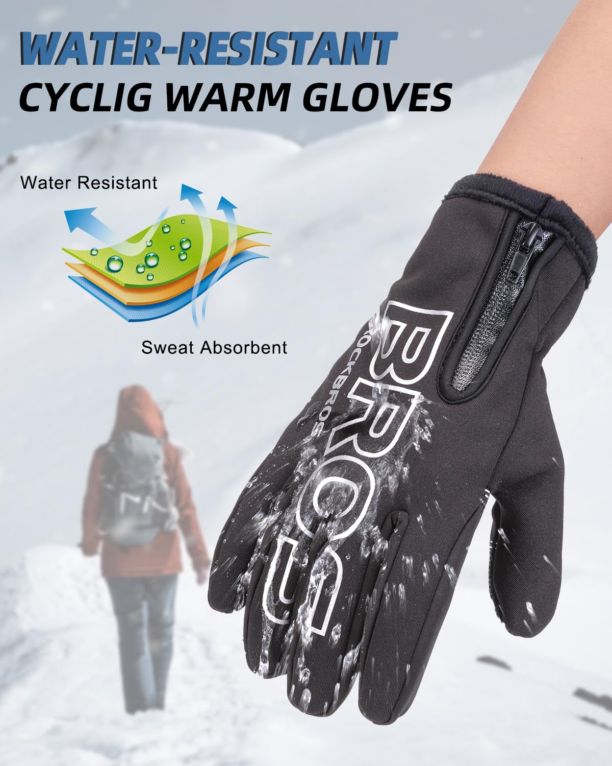 ROCKBROS Winter Cycling Gloves, Water-Resistant, Touch Screen, Anti-Slip Full Finger Gloves