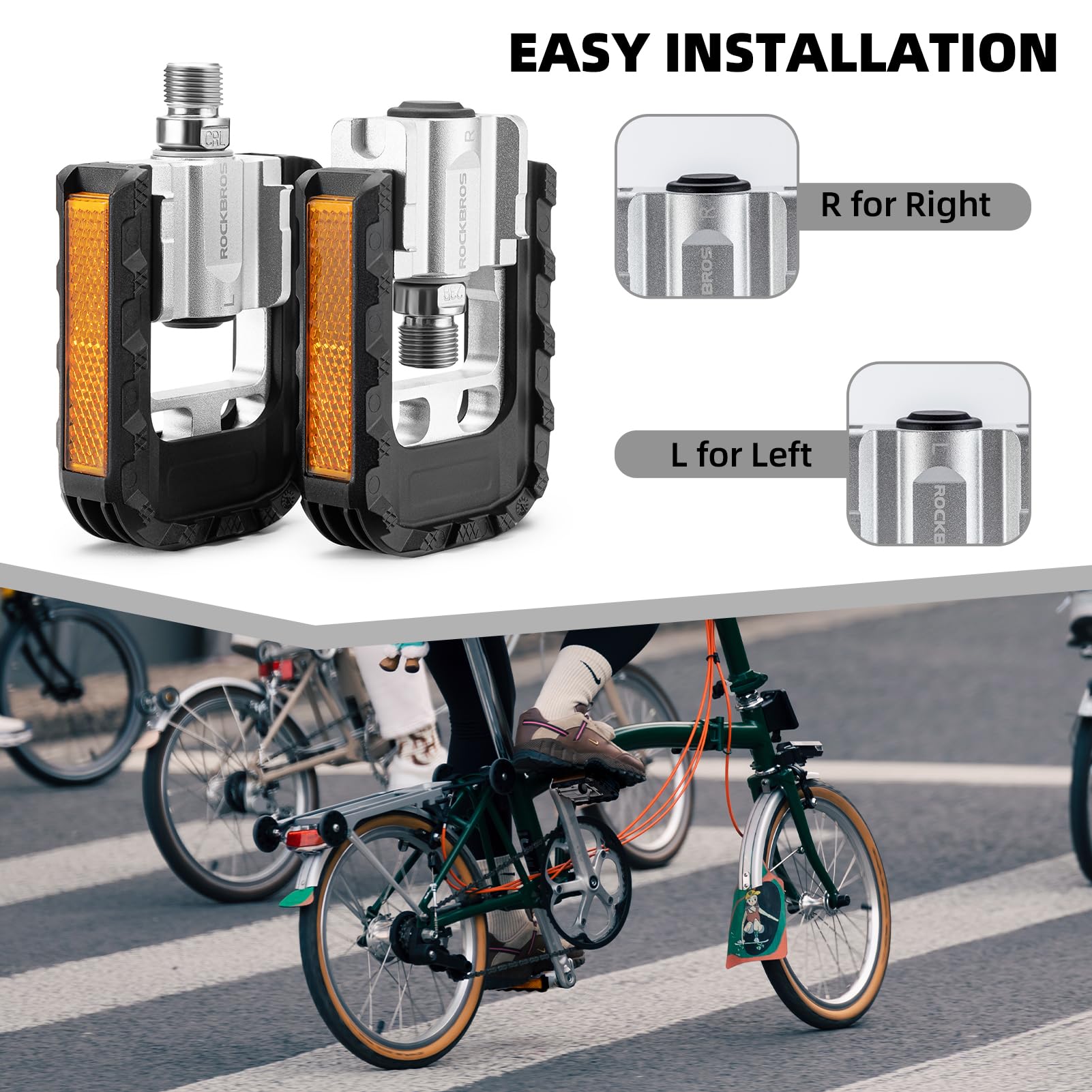 ROCKBROS Aluminum Alloy Foldable Bike Pedals 9/16 with Lightweight Reflective Strips Non-Slip - ROCKBROS