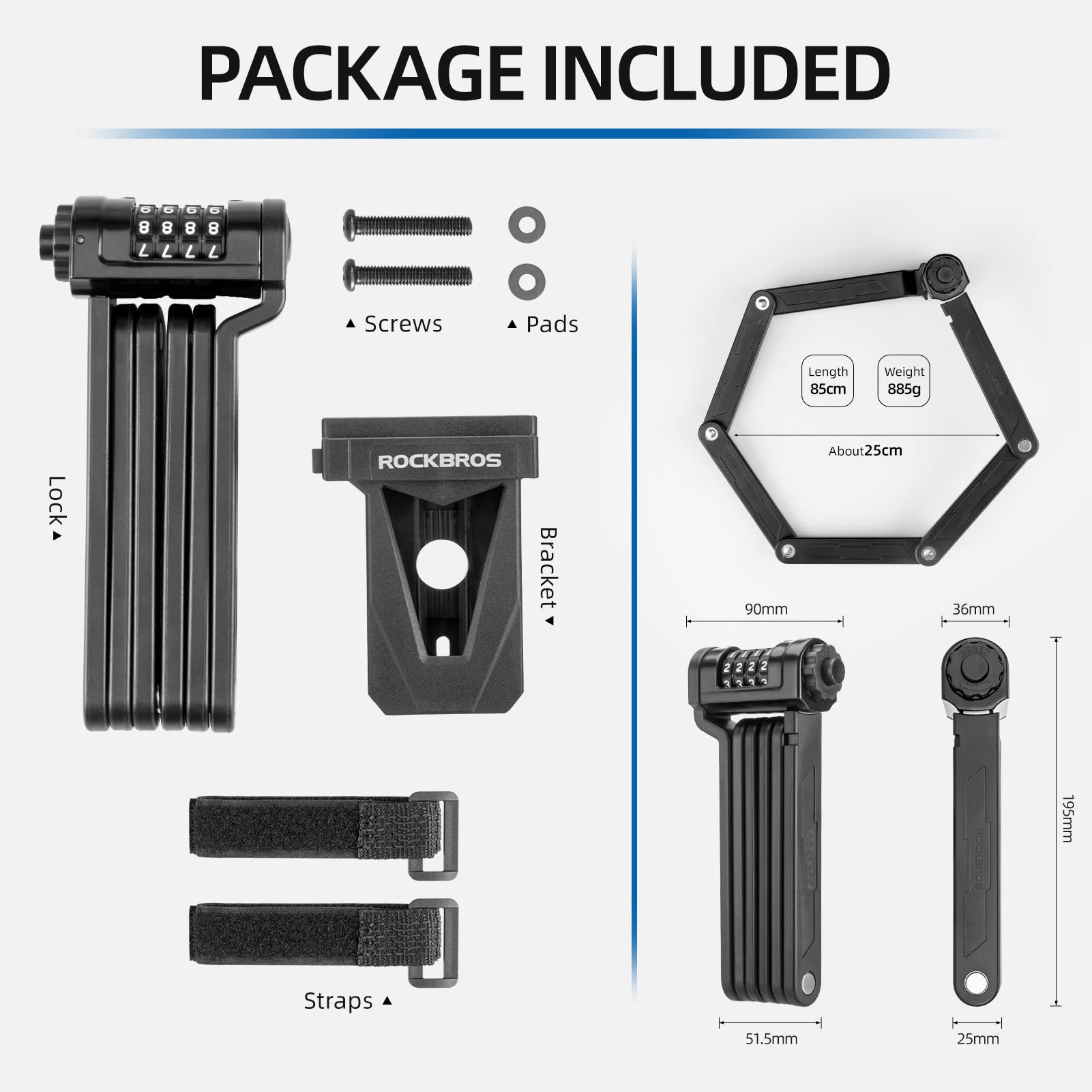 ROCKBROS Folding Bike Lock Heavy Duty Anti-Theft 4-Digit Combination Lock with Mount