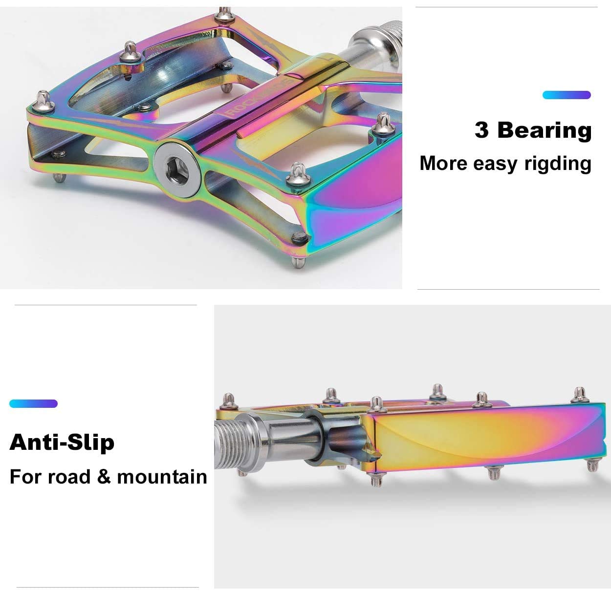 ROCKBROS Colorful MTB Bike Pedals Durable Aluminum Anti-Skid 3 Bearings 9/16" Platform