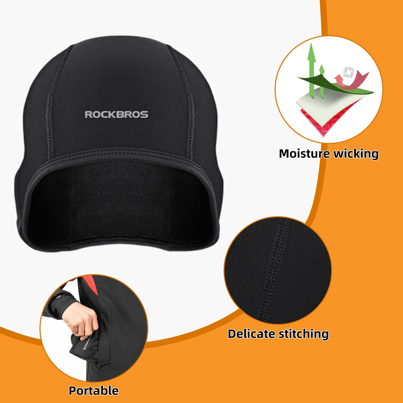 ROCKBROS Skull Cap Men's Winter Cycling Cap Windproof Warm Fleece Thermal Hat Helmet Liner Caps Black for Hiking Skiing Riding