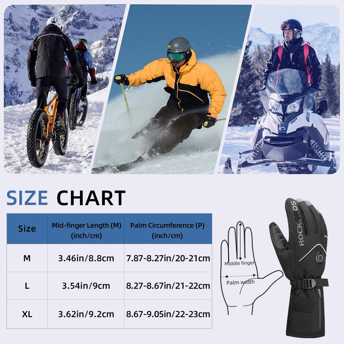 ROCKBROS Heated Gloves, Rechargeable Winter Touchscreen Gloves for Cycling, Skiing, Motorcycling, L