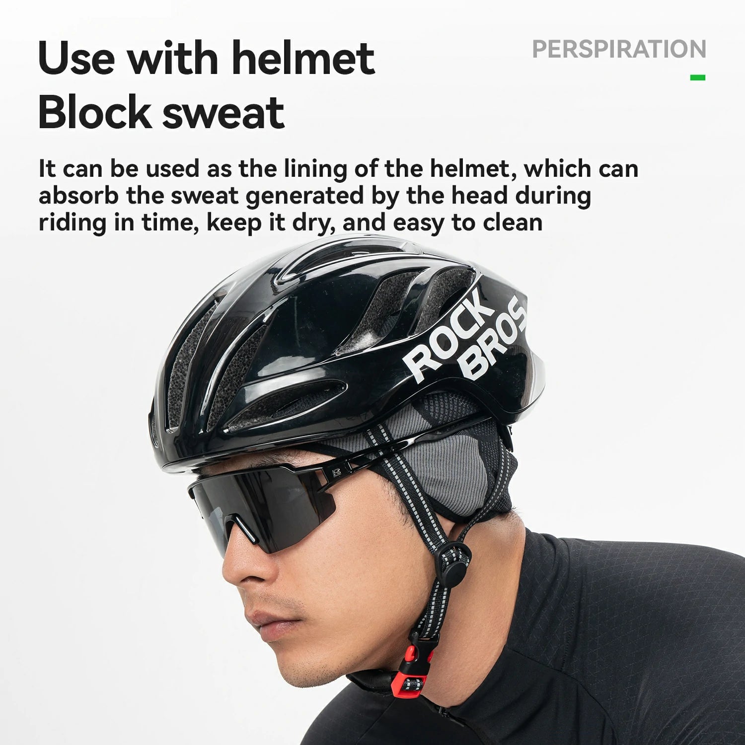 Person wearing a black helmet with a sweat-absorbing liner, text about helmet use and perspiration.