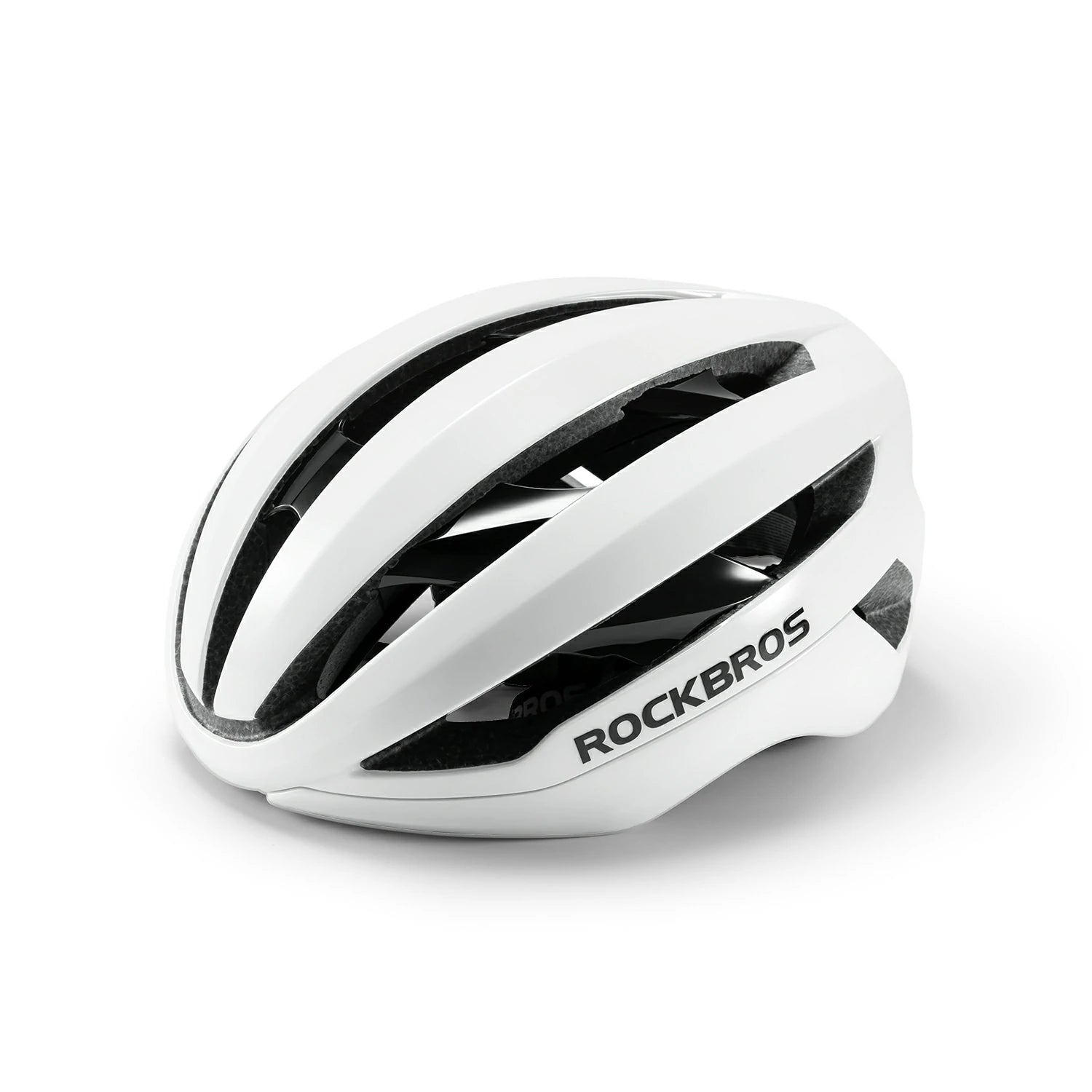A white Rockbros cycling helmet with black accents and the brand name 'ROCKBROS' printed in black on the side, shown on a clean white background. #Color_White