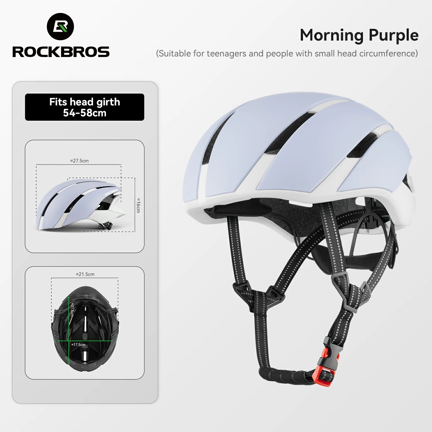 A Rockbros bicycle helmet in 'Morning Purple' shown on a light gray background with product specifications and sizing diagrams. The helmet features a glossy light purple shell with black vents and black adjustable straps. #Color_Purple