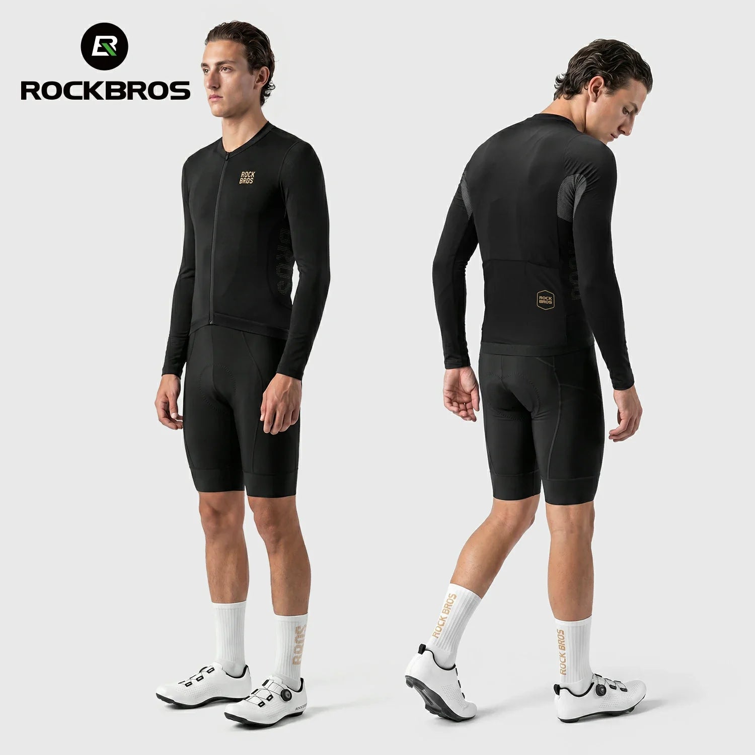 Two male models wearing a black Rockbros cycling kit, shown from the front and back, on a light gray studio background. The kit includes a long-sleeve jersey and matching shorts, with white socks and cycling shoes. #Color_Black